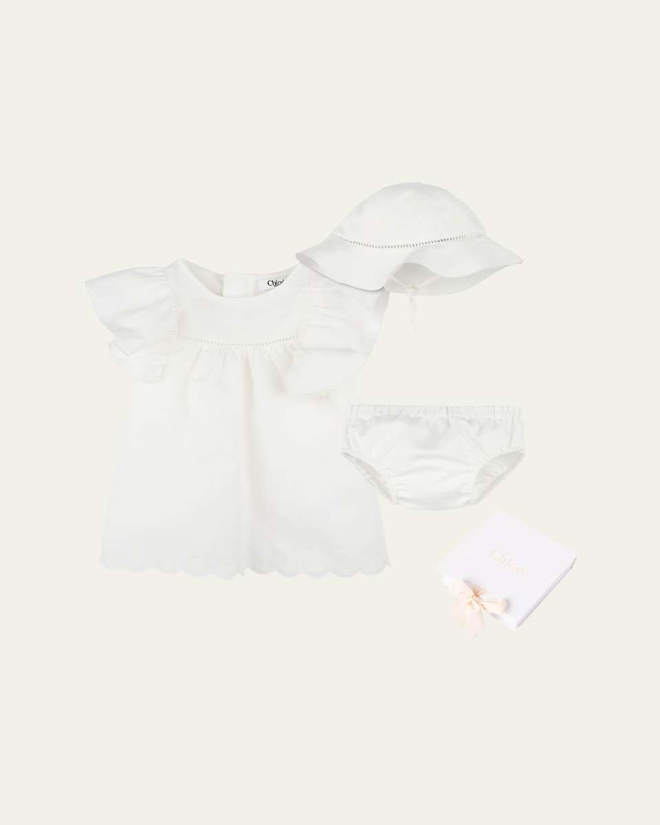 Girl's Floral Embroidered Dress W/ Bloomer And Hat, Size Newborn-